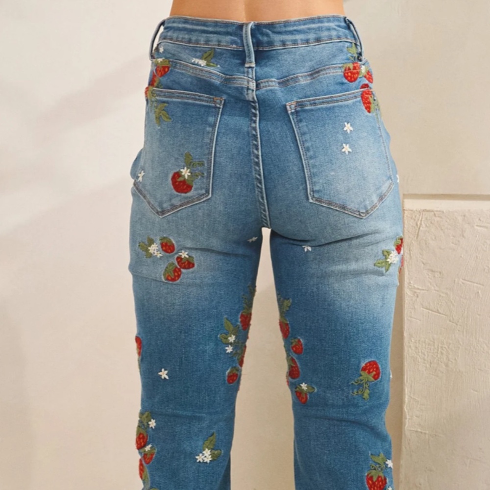 Blue Embroidered Strawberry Flare Jeans - Picture 9 of 9